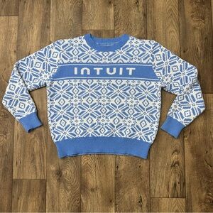 Intuit Winter Crew Neck Ugly Christmas Knit Sweater Size L Blue White Snowflake